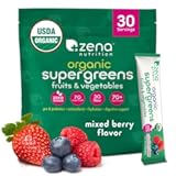 Zena Nutrition Organic Super Greens Powder, 70+ Superfoods, 0 Sugar, 3G Fiber, Spirulina, Chlorella, Antioxidants, Prebiotics/Probiotics, Digestive Enzymes, Mixed Berry, 30 Drink Mix Packets