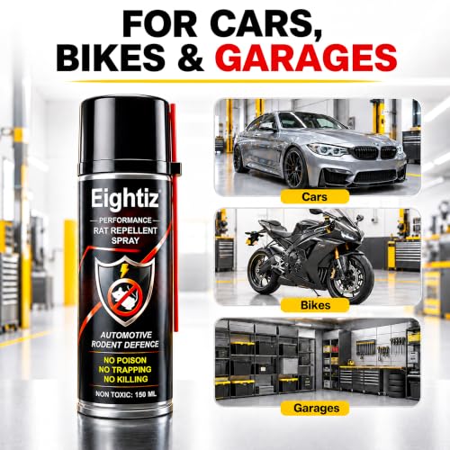 Image of Eightiz Rat Repellent Spray for Cars, Bikes, Computer No Mask Required, No Trapping Protect Wires in Car Bike Computer No Poisoning,No Killing, Unique Natural Active Ingredients 150 ml.
