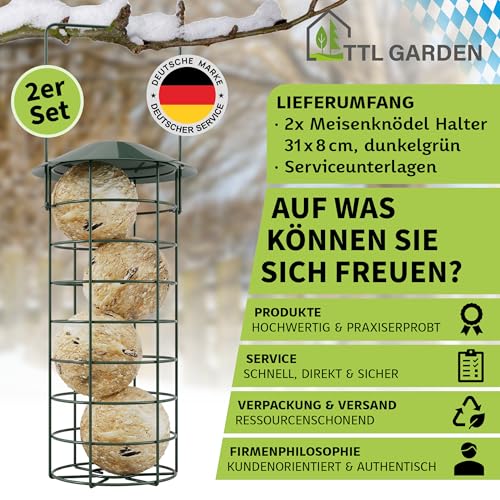 TTL Garden 2er Set 31cm Meisenknödelhalter mit Dach - Meisenknödel Halter für Wildvögel rund Ø 8 cm Stahl rostfrei grün pulverbeschichtet Futterstelle Vogelfutterspender für Garten Balkon Terrasse
