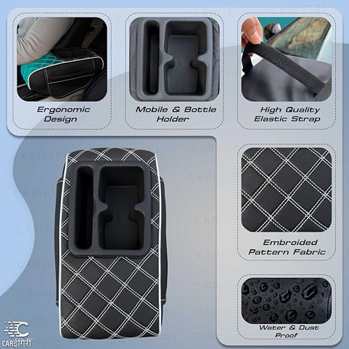Image of Carigiri Nappa Leatherette,Foam ComfiRest Pro Car Armrest Cushion with Cup Holder| Arm Cushion| Universal for All Cars|Armrest with Mobile Holder (White,Utility Pockets,Dual Cup Holder,Mobile Holder)
