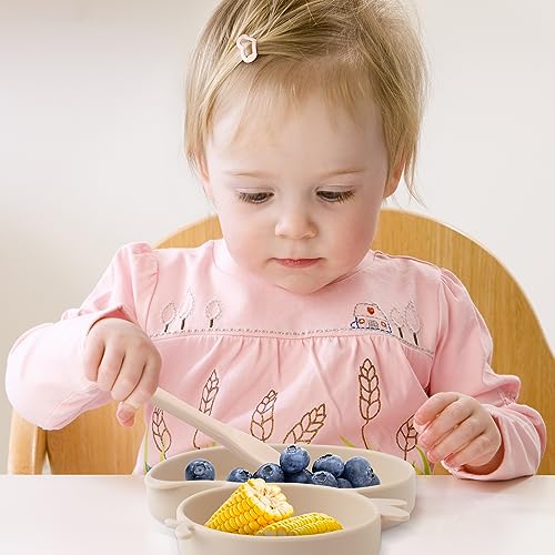 Qshare Baby Suction Plate With Spoon and Fork - Non-Slip Self Feeding Training Divided Weaning Plate for Toddler (Beige) - Image 3