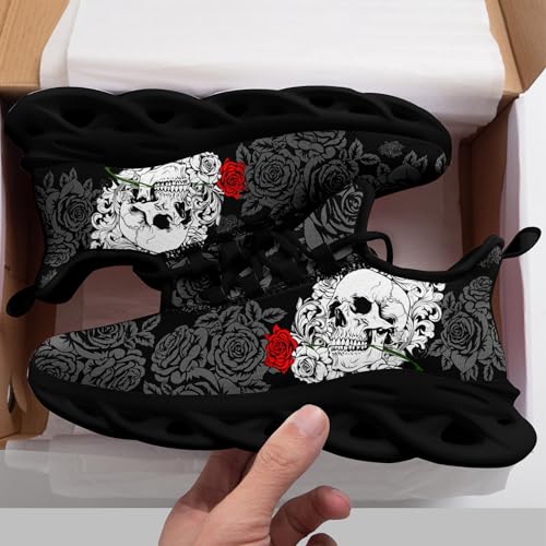 Men's Gothic Skull Running Shoes, Punk Rock Breathable Cushion Sports Walking Sneakers Gym Jogging Tennis Shoes 6