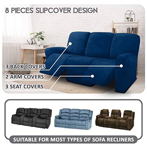Ulticor 8-Pieces Recliner Sofa Covers Velvet Stretch Reclining Couch Covers For 3 Cushion Reclining Sofa Slipcovers Furniture Covers Thick Soft Washable (Navy) #TOP1