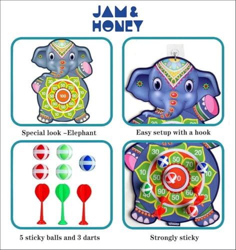 Image of Amazon Brand - Jam & Honey Dart Game for Kids Cartoon Target Game Toy Sets Dart Board with 5 Velcro Balls and 1 Hanger -Children's Indoor Outdoor Sport Game Toys Gifts (Elephant (5 Balls and 3 Darts))