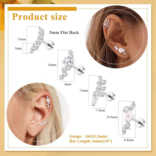 8Pcs 16G Cartilage Earring Set Stainless Steel Flower Opal CZ Stud Earrings Flat Back Cartilage Conch Helix Piercing Jewelry for Women4