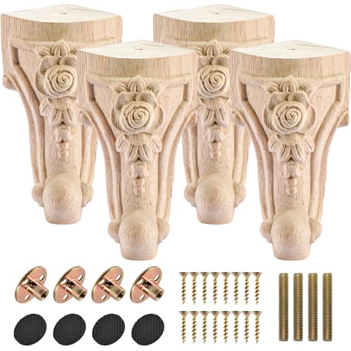 Btowin VCF Patas de madera para muebles de 15 cm, 4 patas de sofá de geometría tallada de madera maciza sin terminar, patas de repuesto con placa de montaje y tornillos para mesa, sofá, armario,