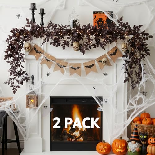 Neutral Fall Garland for Mantle Fireplace - 2 Pack 6Ft Plum Cimicifuga...