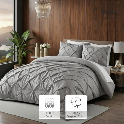Image of Pinch Pleated Duvet Cover Set 1000TC 100% Cotton Premium 3-Pieces 1-Duvet Cover & 2-Pillow Cover Luxury Look Home and Hotel Zipper & 8-Tie Closure (Light Grey, King 92 X 106 Inch)