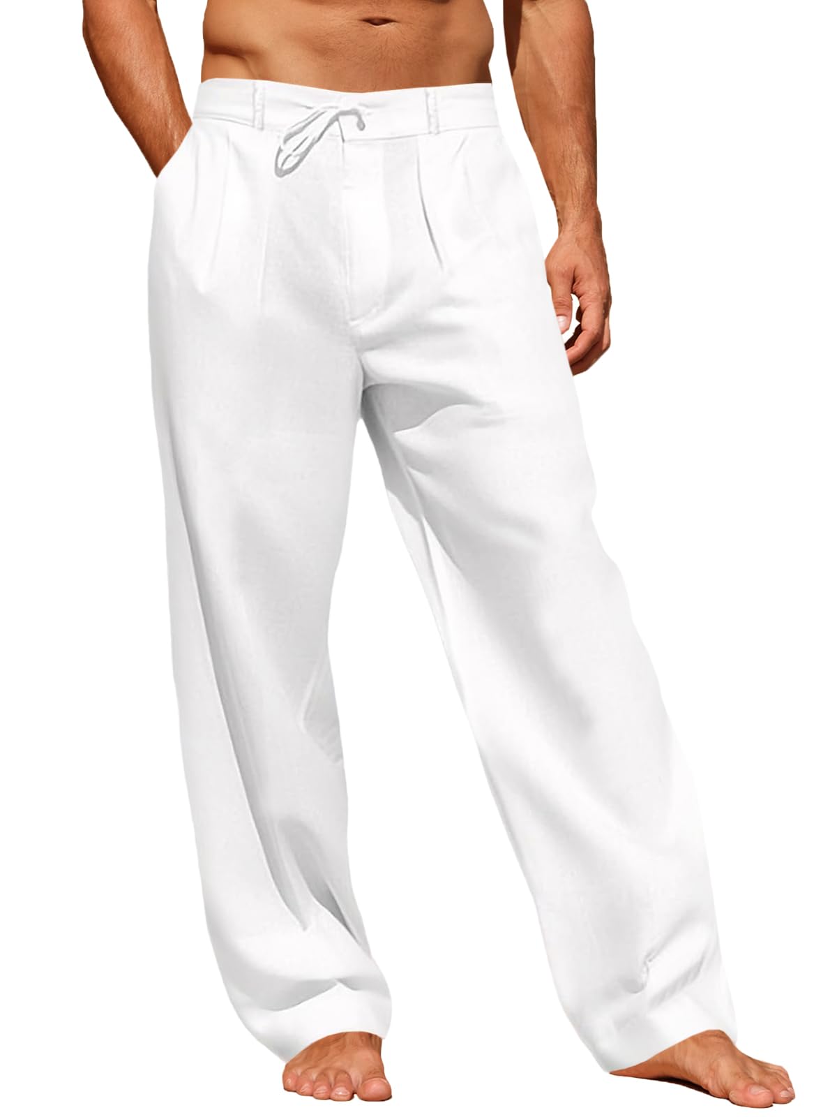 Runcati Mens Linen Cotton Casual Pants Elastic Waist Drawstring Lightweight Pants Loose Fit Summer Beach Yoga Trousers