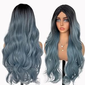 Long Curly Wigs for Women Ombre Green Curly Wavy 22 Inch Wigs Ombre Pastel Blue Middle Part Wig Heat Resistant Synthetic Fiber for Daily Party Use