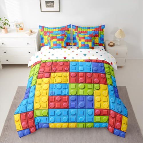 Image of Feelyou Colorful Toy 7 Piece Bedding Set Teen Women Men Funny Building Blocks Decoration Comforter Set with Sheets King Size Kids Boys Colorful Geometric Brick Bed in a Bag Cute Games Room Decor