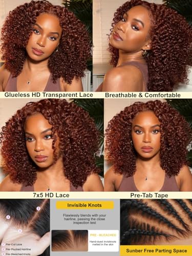 Image of Sunber Reddish Brown Afro Kinky Curly Human Hair Wig Pre Everyting 16inch | 7X5 HD Wigs With Drawstring Bye Bye Knots Pre Cut Lace 200% Density Put On Go Pre Plucked Pre Bleached Invisible Knots 16Inch