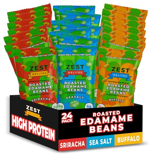 Edamame Snack by Zest Delites, 26g x 24 Packs, Healthy High Protein Snacks for Adults & Kids, Keto, Low Carb, Low Calorie, Sea Salt – Sriracha – Buffalo Flavors