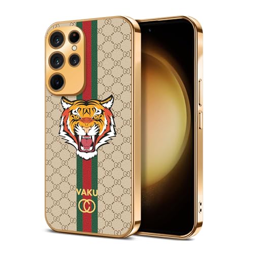 Image of Vaku Luxos Lynx Design Back Cover for Samsung Galaxy S23 Ultra with Leather Pattern Gold Electroplated Soft TPU Cover Shockproof Protective Case - Gold