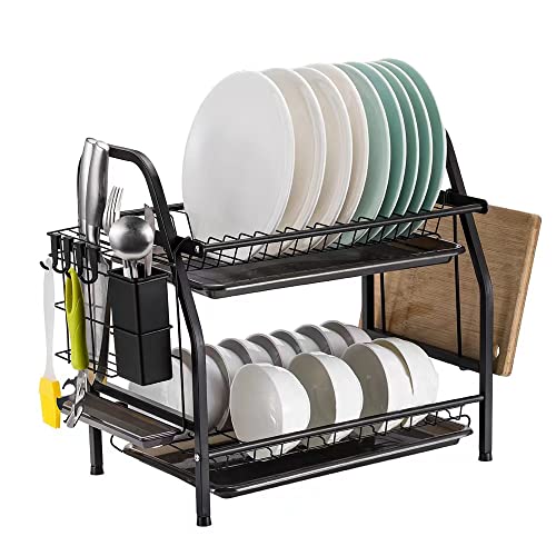 TOURRAMIT Escurreplatos de 2 Niveles Escurridor de Platos Escurridor de CocinasEstante para Platos y Vasos Escurridor Fregadero Estante para Secar Platos Organizador de Almacenamiento Cover