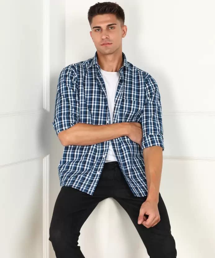 Image of ARDYN Slim Fit Checkered Spread Collar Casual Shirt for Men