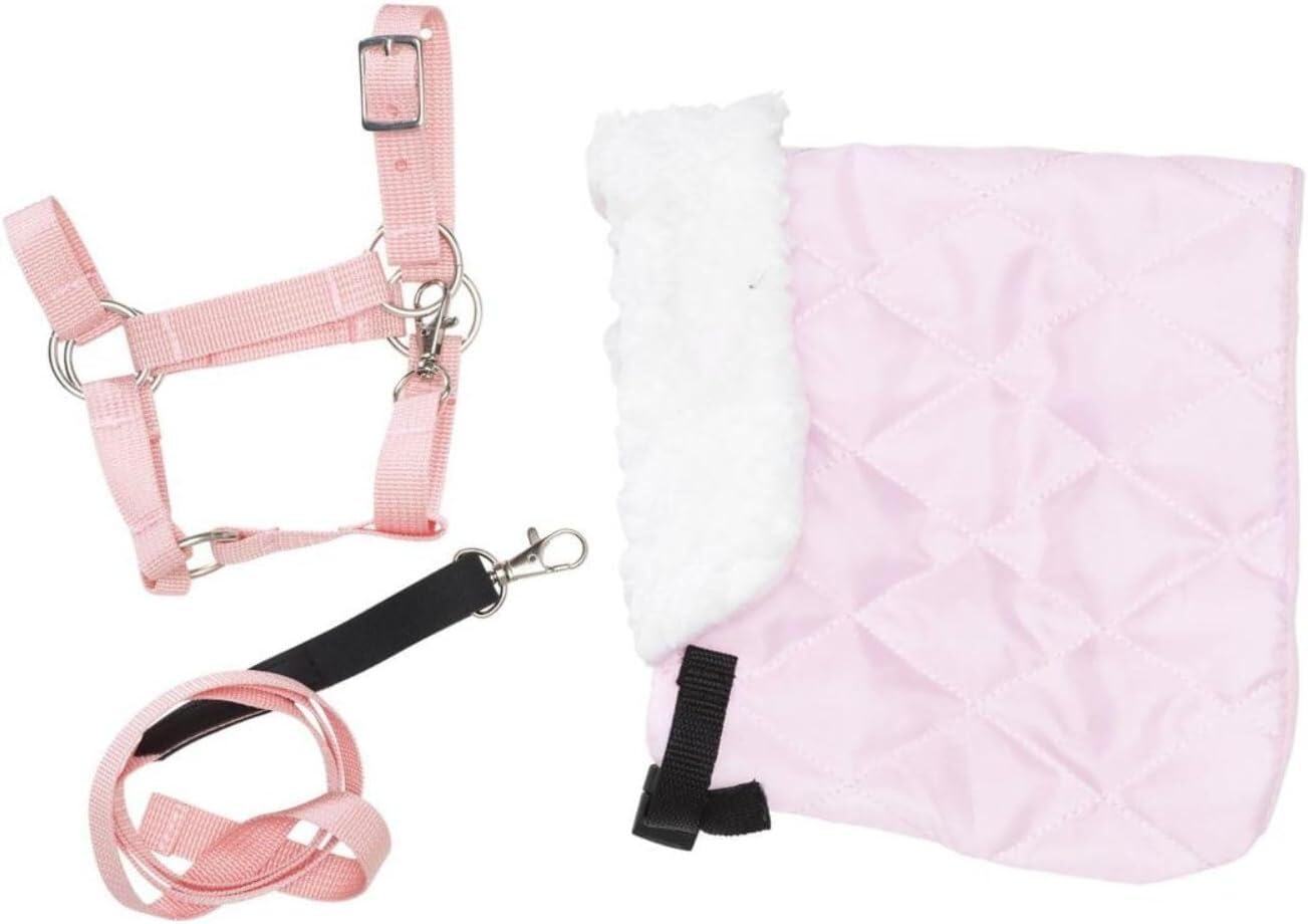 PanduroHobby Horse Halter Set Wool Blanket + Nylon Horse Halter with Metal Buckles + Leash for Hobby Horse Accessories, Pink