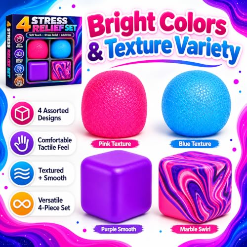 4 Pack Squishy Stress Relief Set, 2.2 Inch Soft Squeeze Cubes and Textured Balls, TPR Sensory Fidget Set for Adults, Desk Office Work and Relaxation by LMYIWEN - Used condition - Image 6