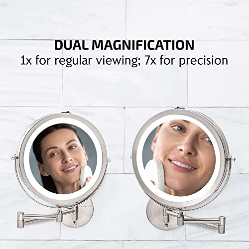 Image of OVENTE Wall Mounted Lighted Makeup Mirror, 9 inch Double Sided 1X /7X Magnifying Vanity Mirror for Bathroom with LED Lights, Cordless, 360 Rotation and 13 inch Extendable Arm, Nickel Brushed MFW85BR1X7X