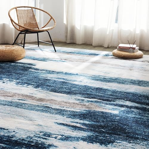 Carvapet 6x9 Area Rugs for Living Room, Blue Modern Abstract Low Pile Large Carpet with Rubber Backing, Foldable, Non Slip Machine Washable (9 x 6 Feet Rectangular, Dark Blue Rug)