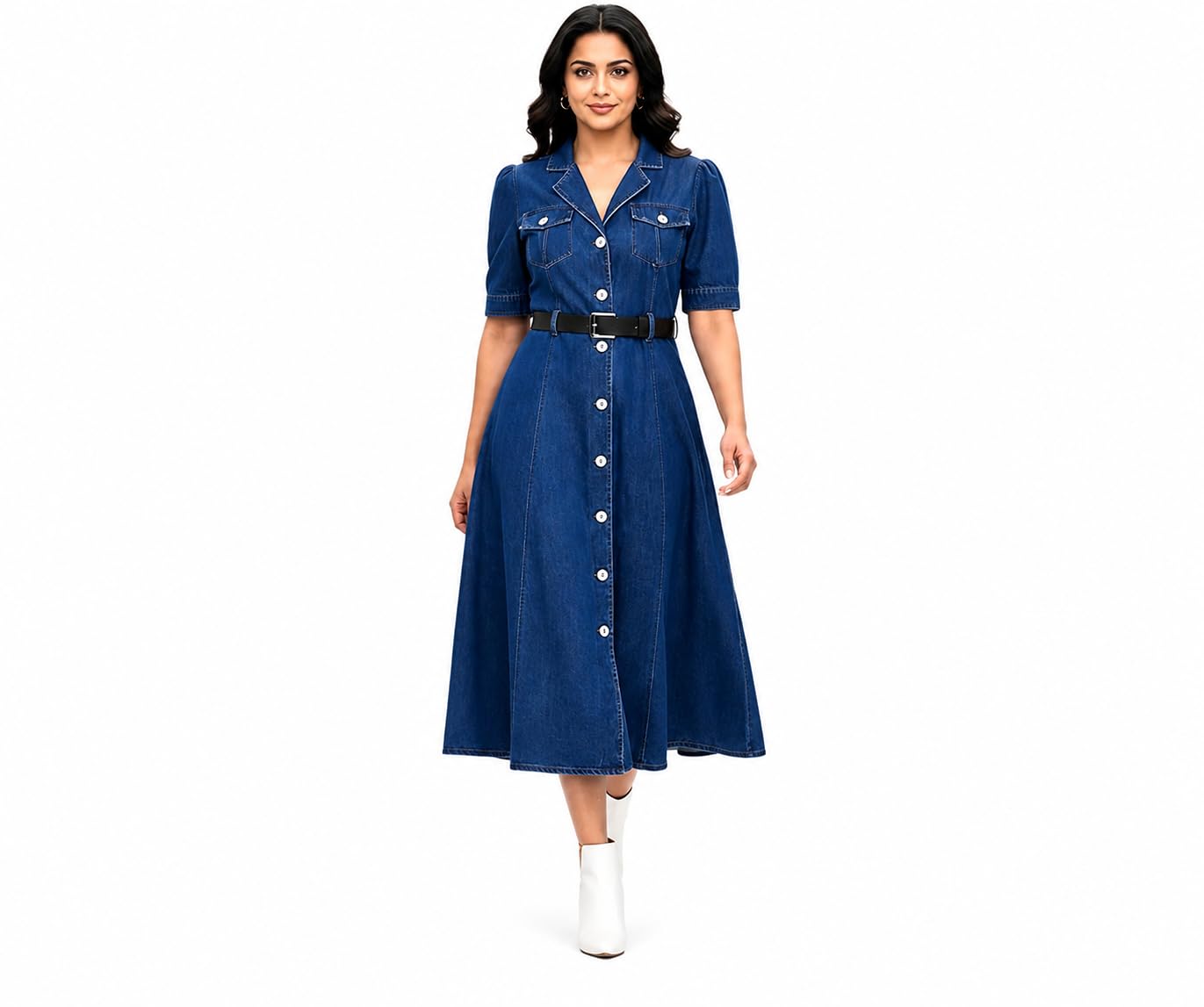 Denim Dress for Women - Women’s Denim Shirt Dress | Button-Down Midi Dress with Belt | Half Sleeve Casual Western Dress for Women-picture-30