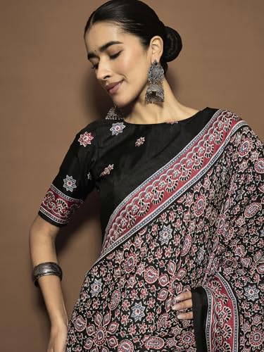 Image of AKHILAM Women's Soft Dola Silk Ajrak Printed Ready To Wear one Minute Saree With Unstitched Blouse Piece