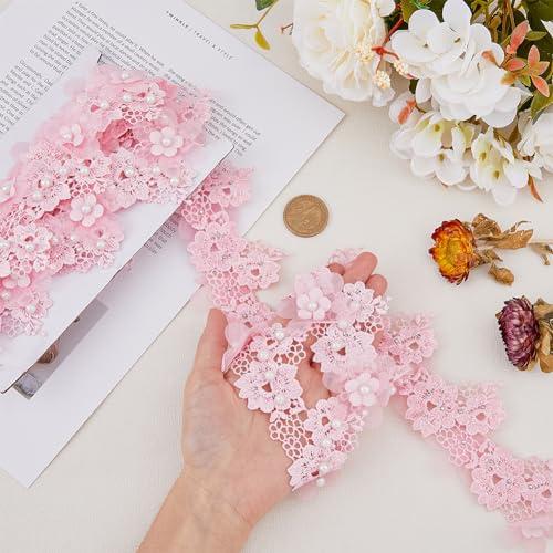 HOBBIESAY 3 Yards Polyester Embroidery Lace Ribbon Trim 58mm Wide Pink Flower Lace Ribbons Roll Imitation Pearls Gift Wrapping Ribbon Romantic Pink Wedding Applique Tape for Craft Decoration - Image 3