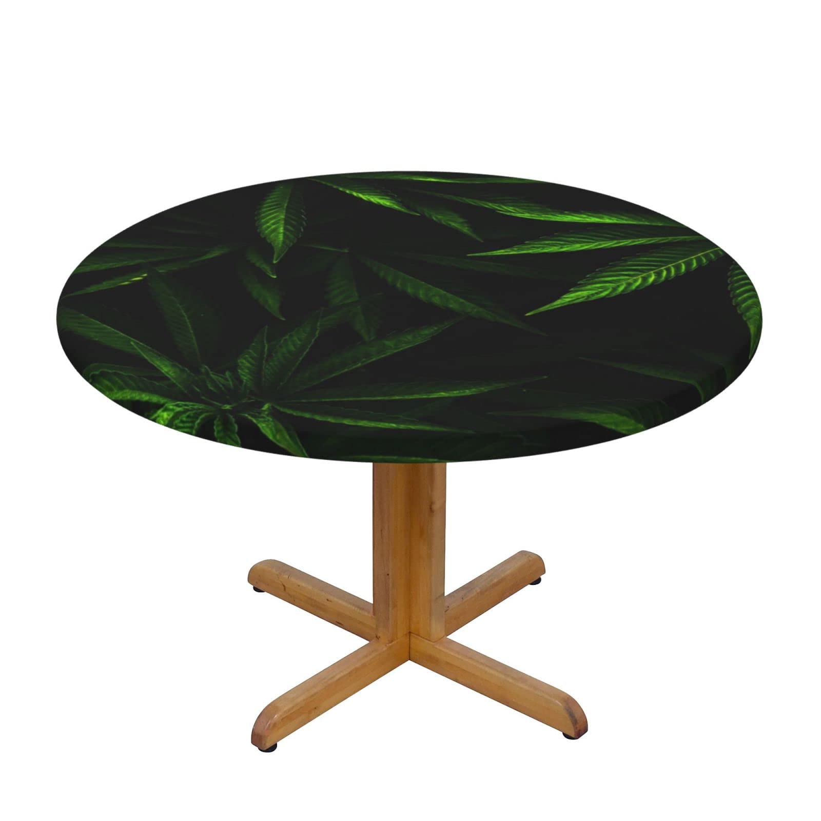 Lsjuee Round Fitted Tablecloth 45-50in Elastic Edged Table Cloth for Kitchen Dining Party Home Decor - Plant Leaf Black Green