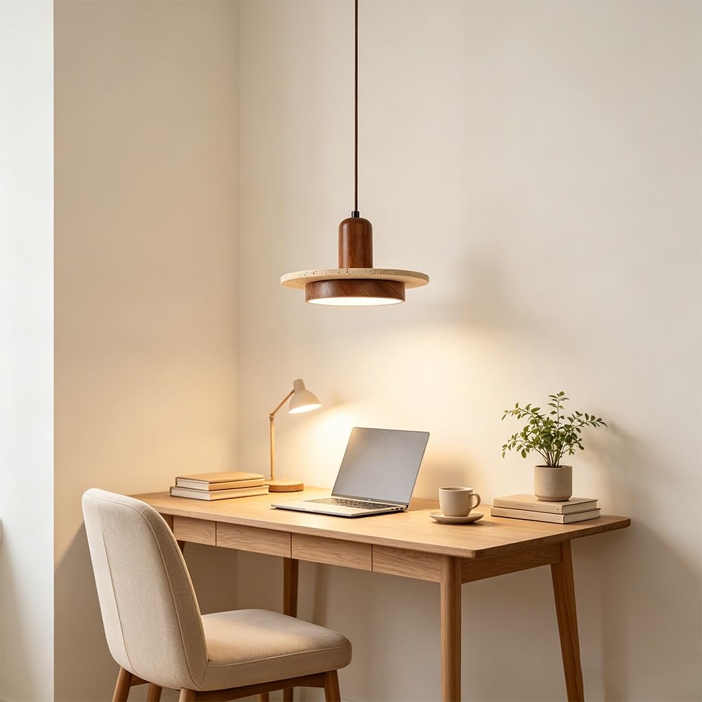 Lampada A Sospensione Wabi Sabi Travertino Giallo Naturale Legno Colore Noce Sospensione Regolabile In Altezza Apparecchio Sospeso Sala Da Pranzo Isola Cucina Camera(Walnut wood color-E1)