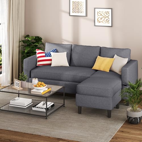 Shintenchi Small Sectional Sofa Couch,3 Seat L Shape Sofas with Ottoman,Upholstered Fabric Convertible Sofa Couches,Small Couches for Apartments, Living Room and Office (Dark Grey)