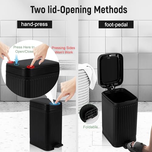 Image of rejomiik Small Bathroom Trash Can with Lid Slim Soft Close Garbage Can Step Wastebasket Container Trash Bin for Office Bedroom Kitchen Living Room (1.9 Gallon Black)