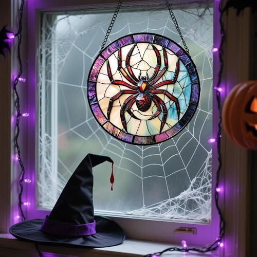 Image of Stained Glass Window Hanging - Halloween Decorations Red Spider Goth Suncatcher for Doors Garden Indoor Funny Spooky Sun Catchers Gothic Decor Horror Gifts for Women Men Friend 7.8 in