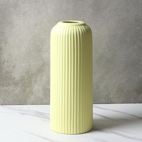 Image of KREATIVE ART'S Modern Ribbed Design Ceramic Flower Vase for Living Room, Flower Pots for Artificial Flower, Home Decoration Item, Home Decor, Vases for Living Room (Yellow, Large)