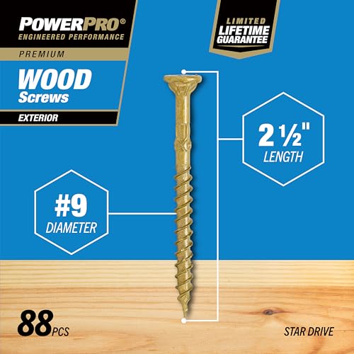 Image of Power Pro Premium Exterior Wood Screws, #9 x 2-1 /2 inchInch All-Purpose Deck Screws for Outdoor Projects, T-25 Star Bit Included, Bronze, 100 Pieces | 48599