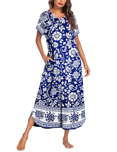 Image of Ekouaer Long Nightgown Women's Loungewear Short Sleeve Sleepwear Full Length Sleep Shirt with Pockets