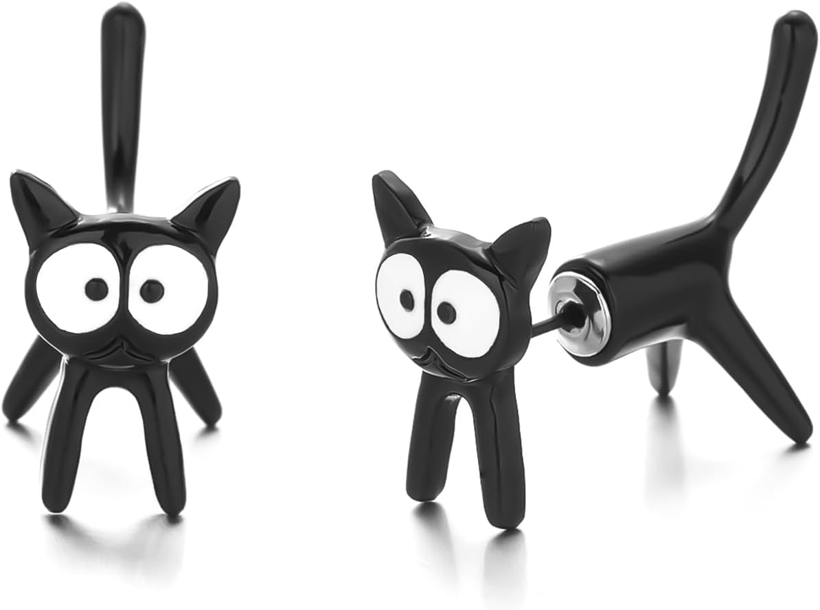 Unique Cat Stud Earrings for Women - Black & White Cat Noir Fun Earrings for Car Lovers