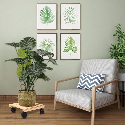 Image of UGAOO Wooden Plant Stand with Wheels | Wooden Plant Stand for Living Room | Wooden Planter Stand with Wheel | Square Rolling Plant Caddy for Indoor Outdoor Pots - 10x10 Inch (Set of 1)