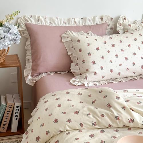 Image of MKXI Twin Size Floral Duvet Cover Set - 3 Piece White Ruffled Bedding with Red Botanical Blooms, 100% Cotton Soft Comforter Cover & Pillowcases, Romantic Shabby Chic Aesthetic, Zipper Closure
