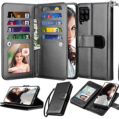 NJJEX Wallet Case for Samsung Galaxy A42 5G, for Galaxy A42 5G Case, [9 Card Slots] PU Leather Credit Holder Folio Flip [Detachable] Kickstand Magnetic Phone Cover & Lanyard for Samsung A42 [Black]