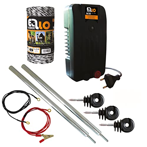 Ellofence Kit de démarrage complet avec clôture en pâturage, treillis de clôture de pâturage, piquet de terre et isolateurs - Appareil extrêmement silencieux