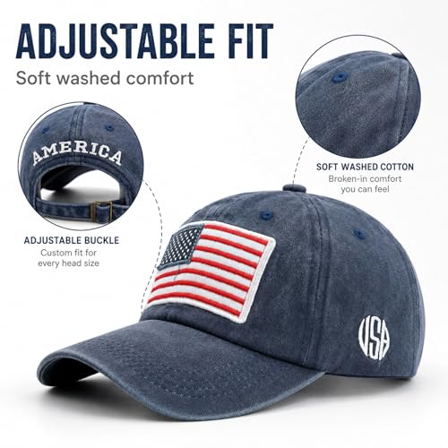 Image of American Flag Baseball Cap for Men Women, Washed Cotton USA Hat, Adjustable Patriotic Cap for 4th of July