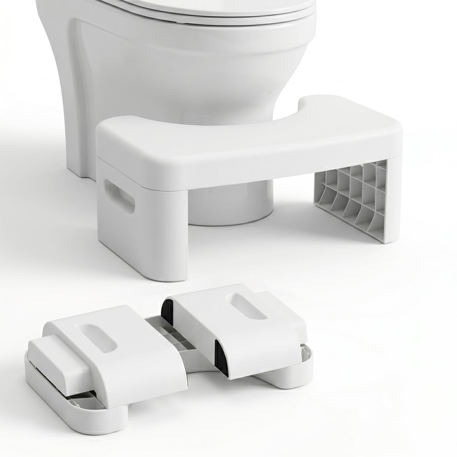 Folding Bathroom Squatting Stool, White, Portable Toilet Foot Rest, Splicable Design for Better Posture