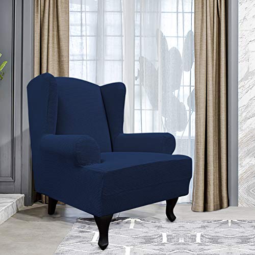 Image of Easy-Going Stretch Large Wingback Chair Sofa Slipcover Navy | 1-Piece Sofa Cover Furniture Protector Couch Soft with Bottom, Spandex Jacquard