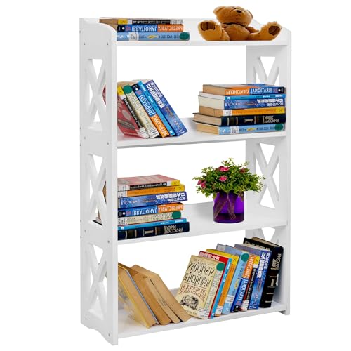 Image of White Bookcase by Natural Wood, 4 Tier Bookshelf, Small Book Shelves Freestanding Display Storage Shelves. Open Bookshelf for Bedroom, Living Room and Office (White, 4 Tier)