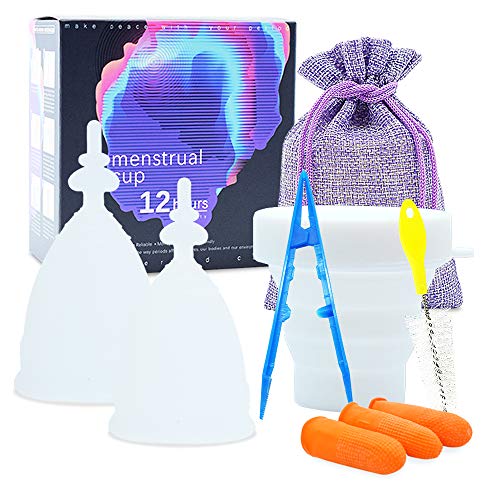 SPEQUIX Reusable Feminine Menstrual Cup Set of 2 Pack with Collapsible Silicone Foldable Cup and Carry Bag Regular and Heavy Flow (White)
