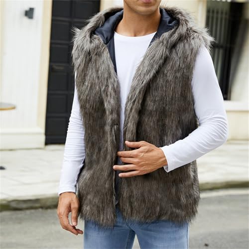 Men's Faux Fur Vest with Hood Warm Winter Luxury Furry Sleeveless Jacket Open Front Cardigan Hoodie Coats Outwear4