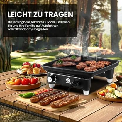 SUPERLEX Elektrogrill mit Teppanyaki-Platte (27cm) für drinnen/draußen – Antihaft-Grillplatte, Graphen-Heiztechnologie, stufenloser Thermostat & zusammenklappbares Design. Ideal für Camping, Balkon – Bild 6