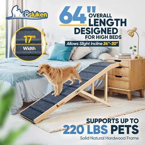 Dog Ramp for Bed, L64 W17 Foldable Pet Ramp for Small Large Dogs Cats, Dog Ramps for High Beds Car, High Traction with Platform 6 Adjustable Heights 24" to 30" Up to 220LBS, Wood - Image 3