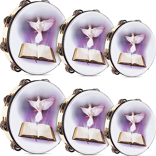 Boao 6 Pack Tambourines for Church, Double Row Jingle, Dove Bible White