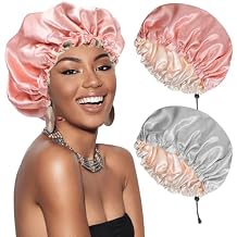 Silk Sleeping Bonnet, Hair Bonnets for Women Sleeping, 13 inches Double Layer Satin Sleep Cap, Adjustable Sleep Cap for Braids Hair Wrap Men WomenGrey, Pink